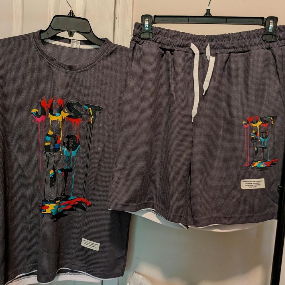 Just Do It black & gray waffle knit set with colorful dripping paint graphic